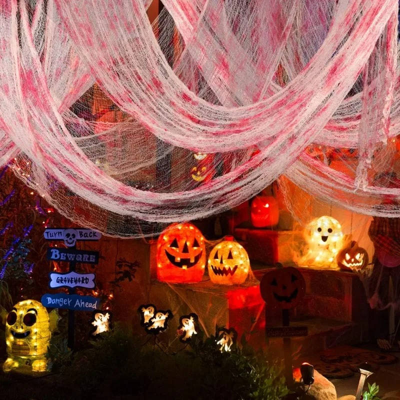 Zerrissenes Grusel-Tuch als Halloween-Deko für Garten, Bäume und Hauswand – ca. 20 m, zuschneidbar, Weiß mit roten Flecken oder Schwarz