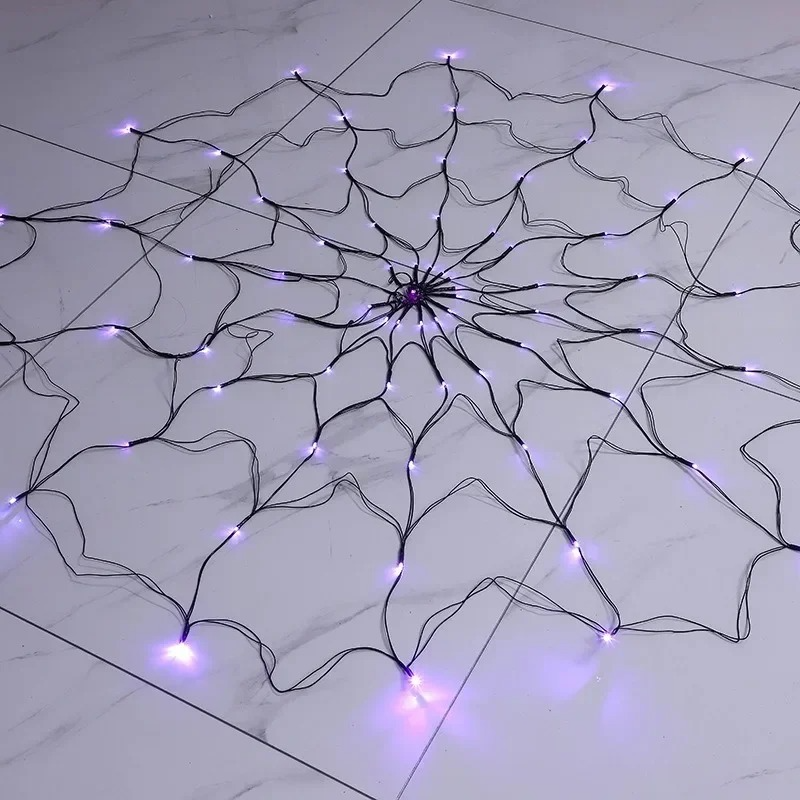 Spinnennetz-Lichterkette mit LEDs für Halloween-Deko an Fenster, Tür und Veranda – ca. 120 cm, 80 LEDs, 8 Modi, Fernbedienung, USB oder Batterie
