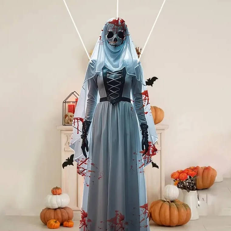 Hängende Halloween-Deko Geisterbraut mit Totenkopf für Garten, Veranda und Tür – ca. 100 cm, flach bedruckt, wetterfest, Weiß oder Schwarz