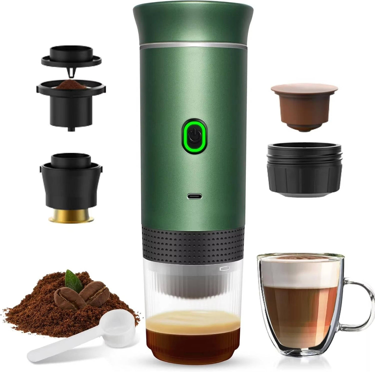 Tragbare Espressomaschine mit Akku für Kaffeepulver und Kapseln, für Reise und Camping – ca. 20 bar, 70 ml Tank, heiß und kalt, USB-C, 3 Farben