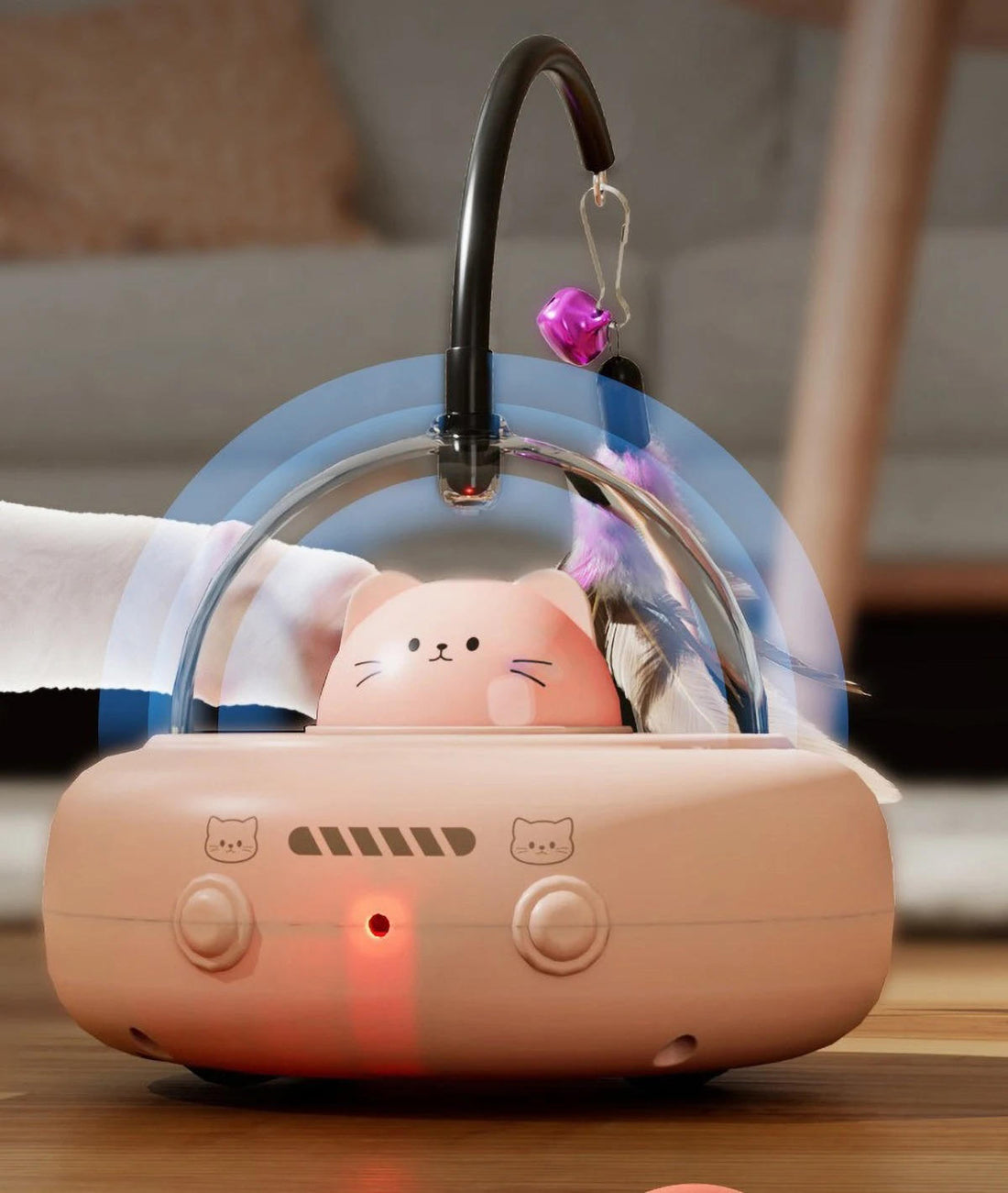 Interaktives Katzenspielzeug mit Laserpunkt, Federn und Lichteffekten für Wohnungskatzen – 360°-Räder, Hinderniserkennung, USB-Laden, Pink oder Grün