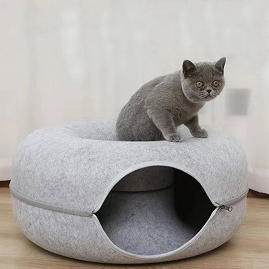 Donut-Katzentunnel aus kratzfestem Filz als Höhle und Bett für Wohn- und Schlafzimmer – per Reißverschluss teilbar, pillingfrei, Dunkel- oder Hellgrau