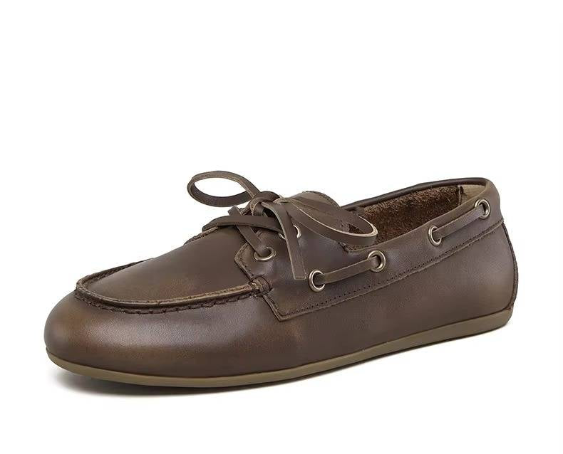 Damen-Mokassins aus echtem Rindleder mit Schnürung und Patchwork-Details für Büro und Freizeit – 1 cm Absatz, TPR-Sohle, Braun, Beige oder Weiß