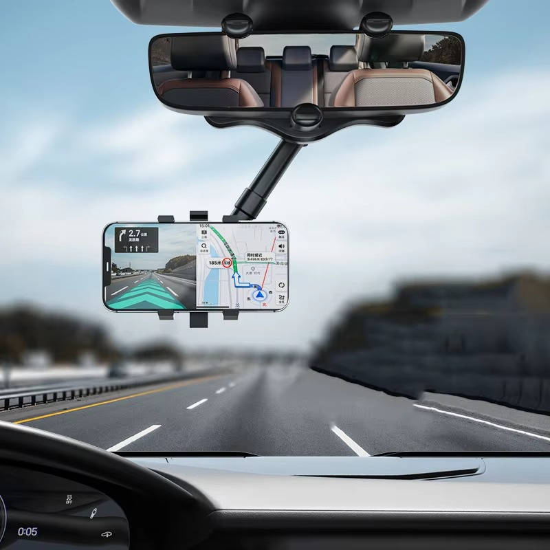 Ausziehbarer Handyhalter für den Auto-Rückspiegel für Navigation und Freisprechen – 360° drehbar, Doppelklemme am Spiegel, hoch oder quer