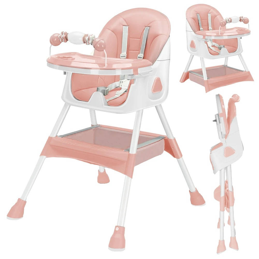Klappbarer Babyhochstuhl mit verstellbarem Doppeltablett und 5-Punkt-Gurt für Babys und Kleinkinder – Edelstahlgestell, Spielbügel, Korb, 4 Farben