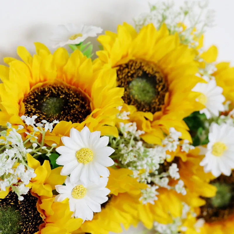 Künstlicher Sonnenblumenkranz mit Gänseblümchen und Schleife für Haustür, Wand und Kamin – 45 cm, wetterbeständig, für innen und außen