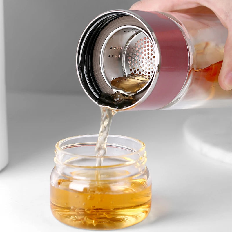 Doppelwandige Teeflasche aus Borosilikatglas mit Teefach aus Edelstahl für Zuhause, Büro und unterwegs – 430 ml, auslaufsicher, Silikondichtring