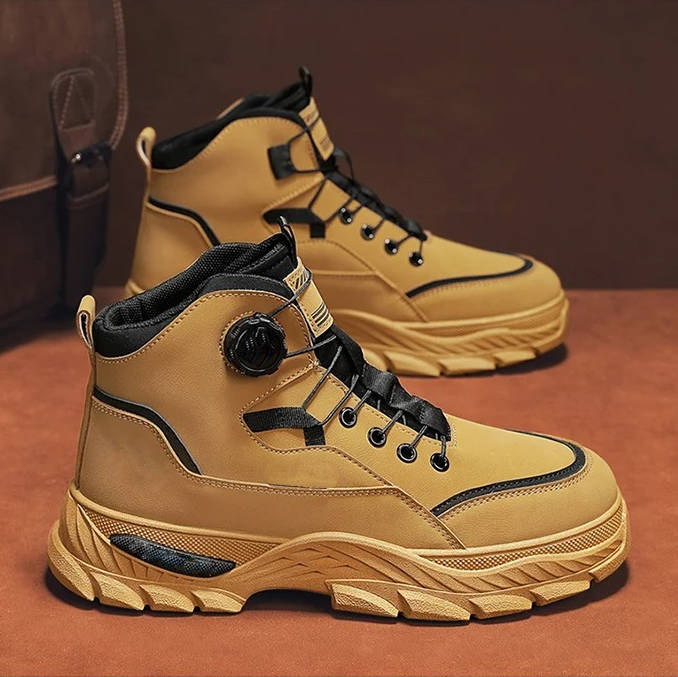 Robuste Herren-Arbeitsstiefel mit Drehverschluss für Baustelle, Werkstatt, Garten und Outdoor – strapazierfähige Stiefel, Gelb, Schwarz oder Khaki