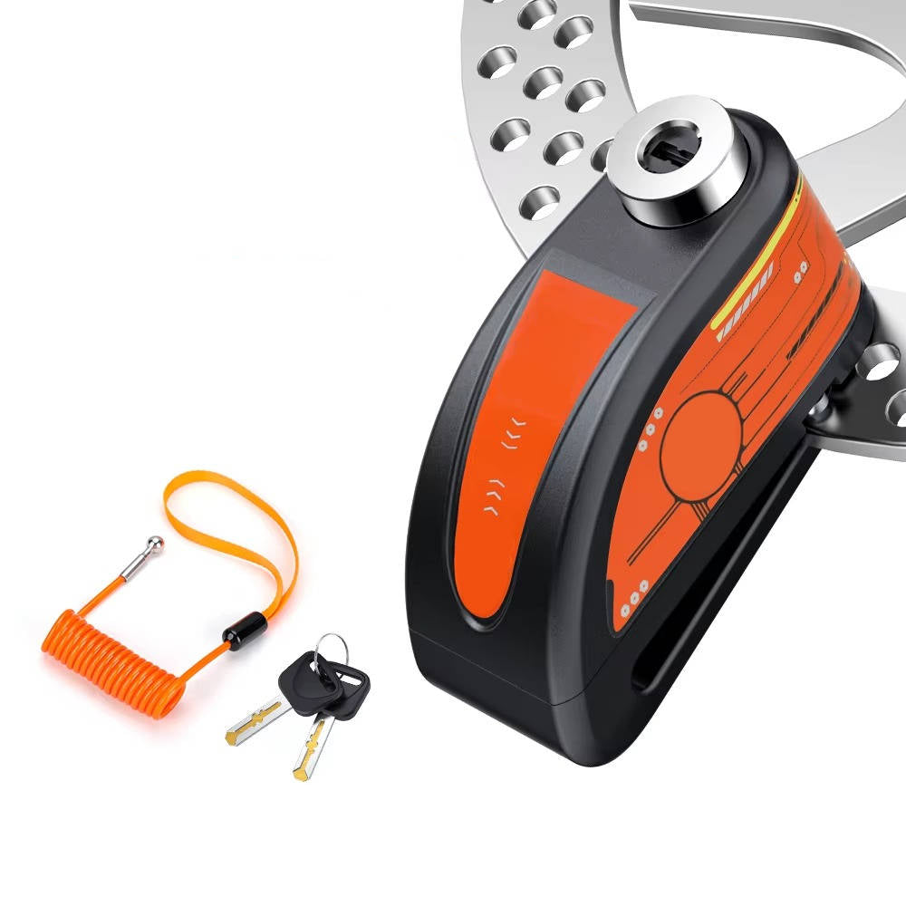 Bremsscheibenschloss mit 120-dB-Alarm für Motorrad und Roller – Bewegungssensor, IP67, Aluminiumgehäuse, USB-C, Erinnerungskabel 1,5 m, 5 Farben