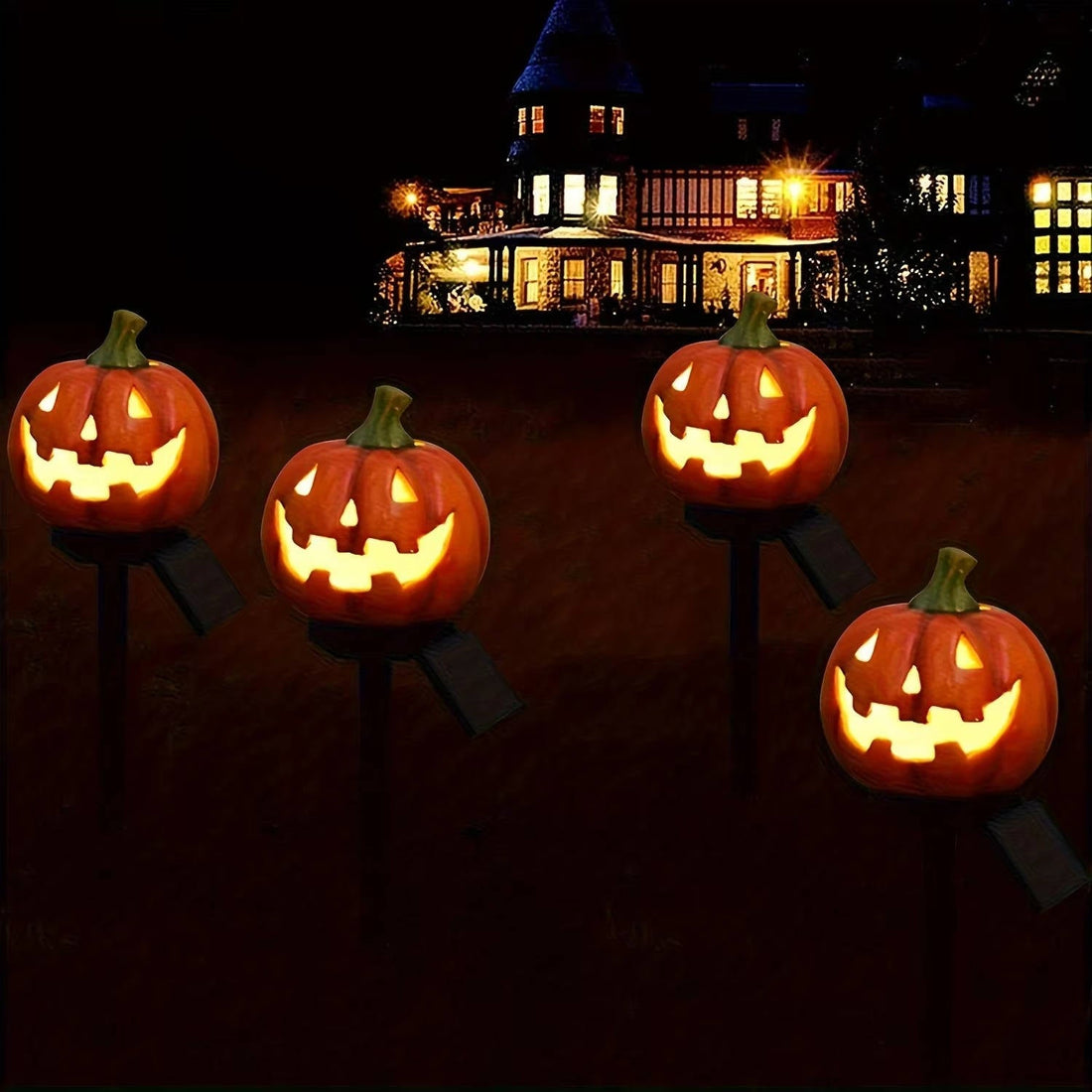 Solar-Wegeleuchten in Kürbisform aus Kunstharz für Halloween-Deko in Garten und Einfahrt – Erdspieß, Dämmerungsautomatik, warmweiß, 2 bis 12 Stück
