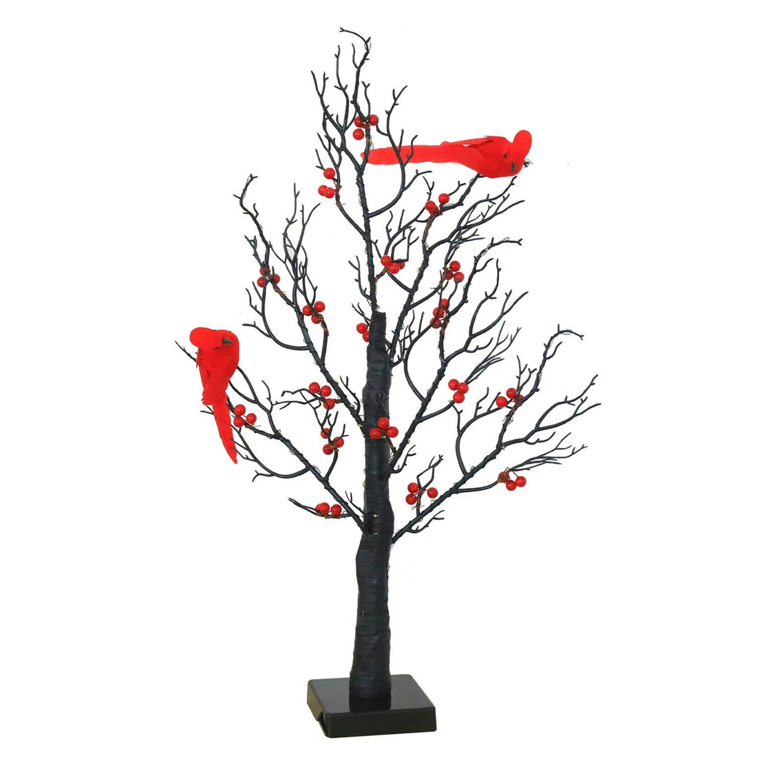 Leuchtender Deko-Baum mit Kupferdraht-Lichtern, Kardinalvögeln und Beeren für Kaminsims und Fensterbank – batteriebetrieben, warmweiß