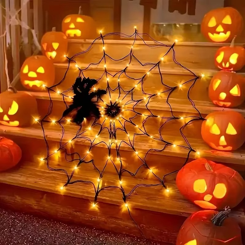 Spinnennetz-Lichterkette mit LEDs für Halloween-Deko an Fenster, Tür und Veranda – ca. 120 cm, 80 LEDs, 8 Modi, Fernbedienung, USB oder Batterie