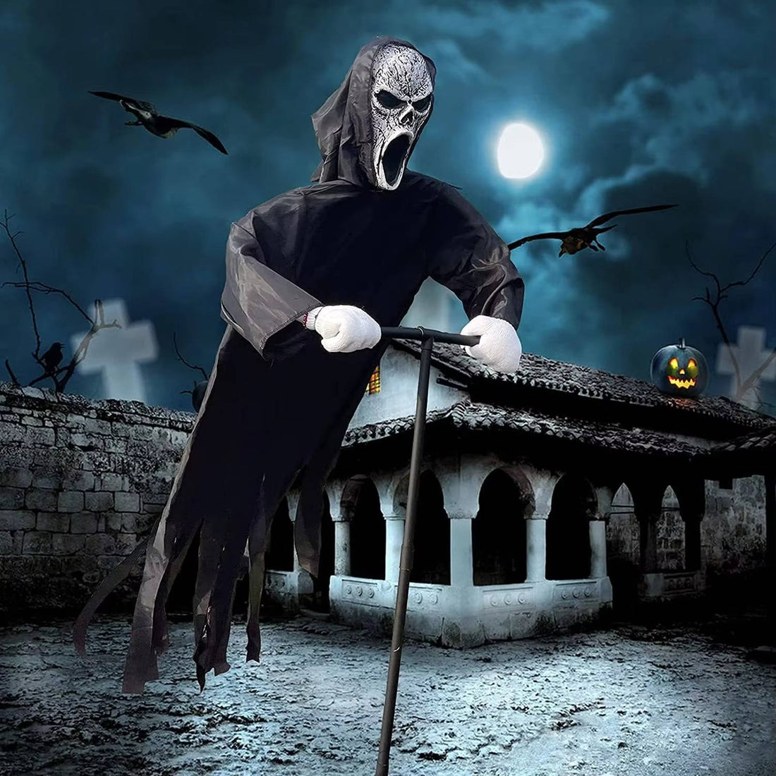 Schwebender Halloween-Geist mit Erdspieß für Garten, Beet und Terrasse – höhenverstellbar, Gruselmaske, Kunststoffhände, schwarzes Gewand