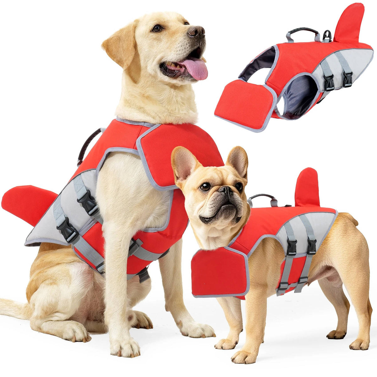 Schwimmweste für Hunde im Haifisch-Design mit Rückengriff für Boot, See und Schwimmtraining – abnehmbarer Frontauftrieb, S bis XL, Rot oder Orange