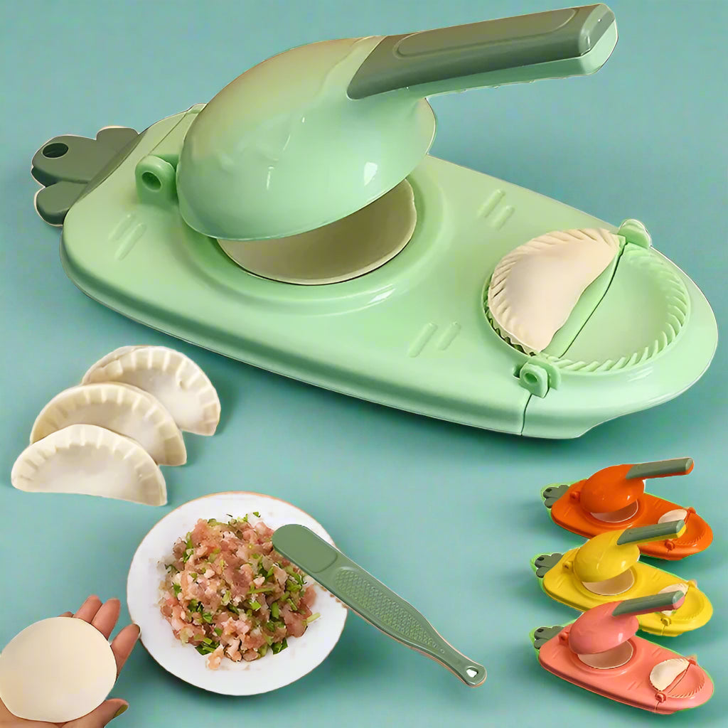 Teigtaschenformer 2 in 1 für Dumplings, Wan Tans und Ravioli – Handpresse für Teigplatte und Wellenrand, lebensmittelechtes PP, platzsparend