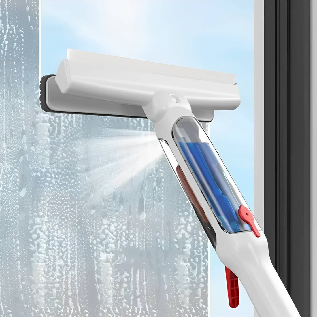 Sprüh-Fensterwischer mit Wassertank und Gummiabzieher zum Putzen von Fenstern – Sprühgriff, Schwammpad, Weiß, Set mit 150 oder 190 cm Länge