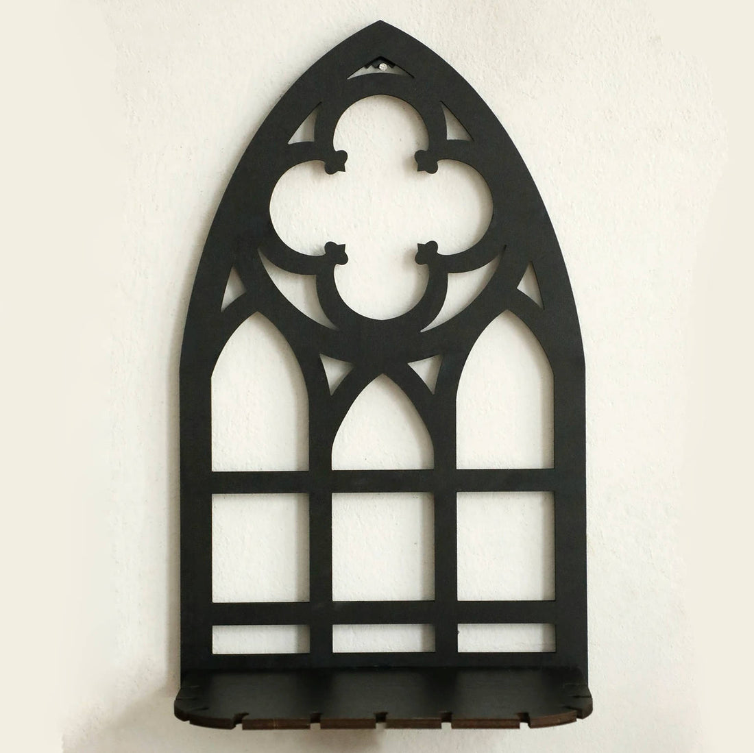 Gothic-Wandkerzenhalter im Kirchenfenster-Design im 3er-Set für Wohnzimmer, Schlafzimmer und Flur – Wandregale mit Ablage, 1 groß und 2 klein, Schwarz