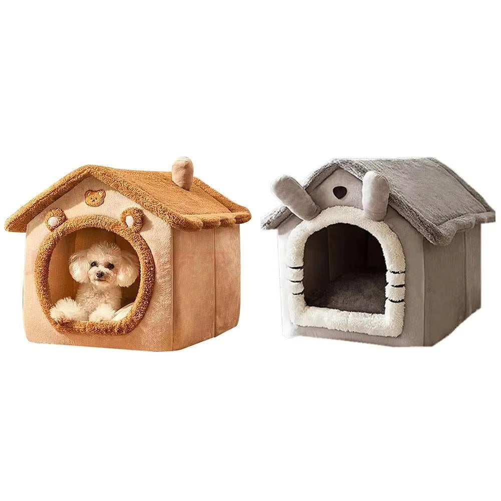 Katzenhaus aus Plüsch mit Dach, Schornstein und Bärenmotiven für Katzen bis ca. 3,6 kg – runder Eingang, rutschfester Boden, waschbares Kissen