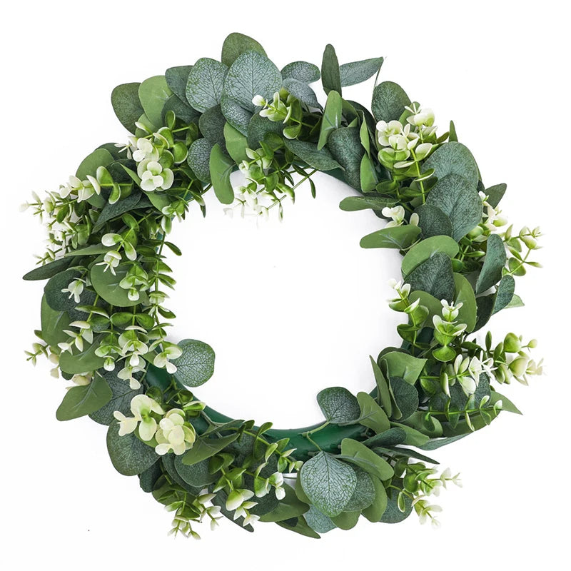 Künstlicher Eukalyptuskranz mit weißen Beeren auf Rattanbasis für Haustür, Wohnzimmer und Tisch – ca. 30–33 cm, innen und überdacht außen