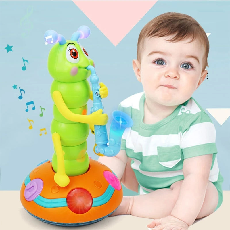 Musikalische Raupe mit Saxofon, LED-Licht und Tanzbewegung für Kleinkinder – 25 × 14 cm, 2 Spielmodi, Kunststoff, batteriebetrieben