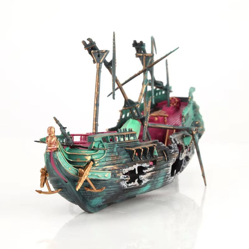 Aquarium-Deko als versunkenes Schiff mit Luftsprudler für das Aquarium und Fischbecken – 23,4 × 8,9 cm, Kunstharz, handbemalt