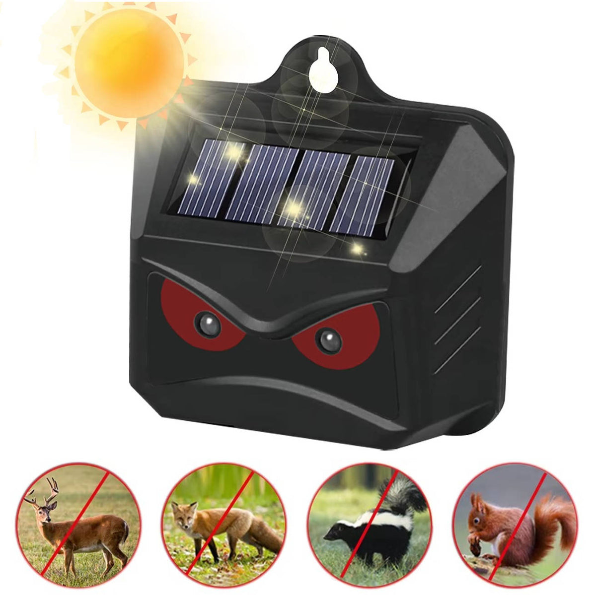 Solar-Tierabwehr mit rot leuchtenden LED-Augen im 2er-Set für Garten, Hühnerstall und Zaun – Solarpanel, Aufhängeöse, Schwarz, 2 Ausführungen