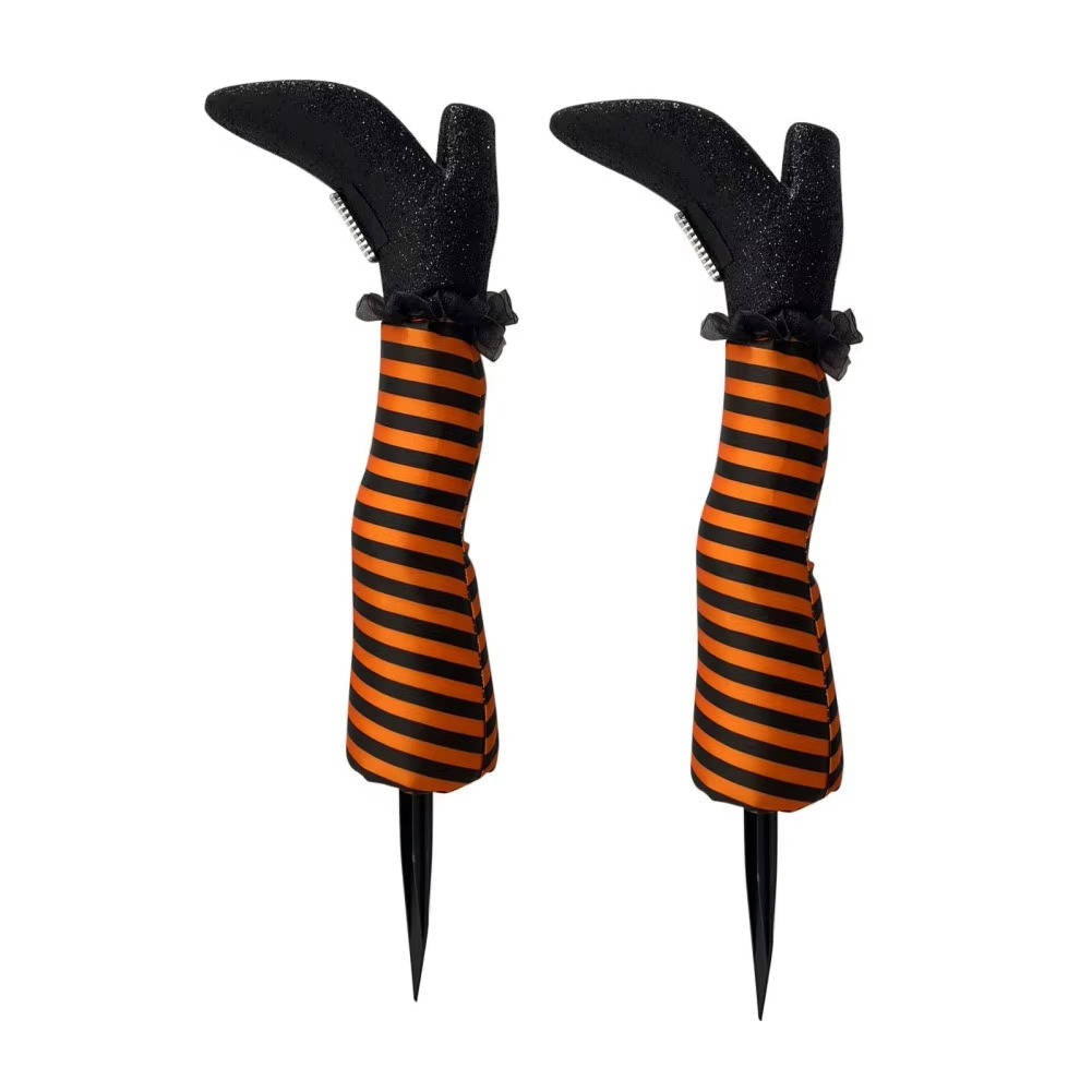 Hexenbeine mit Ringelstrümpfen als Halloween-Deko für Garten, Beet und Veranda – mit Erdspießen, Kunststoff und Schaumstoff, in 5 Farben