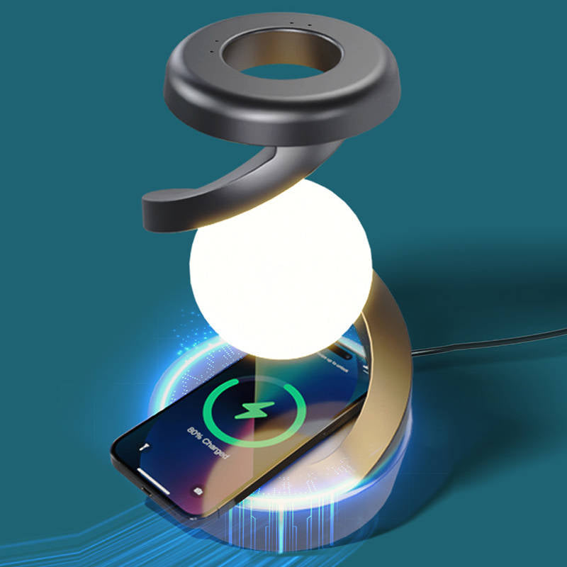 Schwebelampe mit Leuchtkugel in Spiralform und kabelloser Ladefläche für Schreibtisch und Nachttisch – Gestensteuerung, RGB, Magnetschwebe