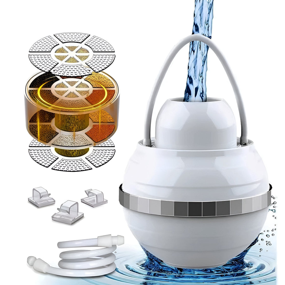 Badewannen-Filter zum Einhängen am Wannenauslauf mit 8-stufiger Filterung für die Badewanne – KDF 55, Aktivkohle, Vitamin-C-Kugeln, Edelstahl und ABS