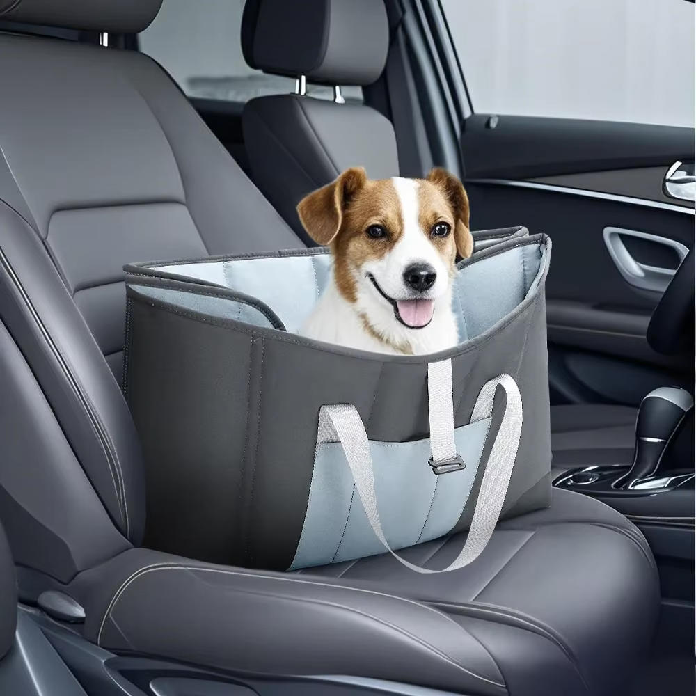 Wandelbare Reise-Transporttasche für kleine bis mittelgroße Hunde und Katzen – per Reißverschluss zur Liegematte, gesteppt, Polyester, Grau-Blau
