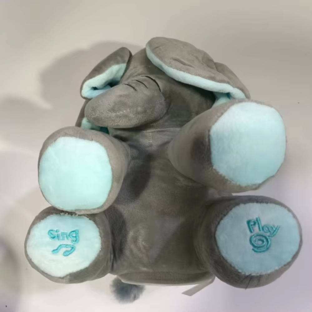 Singender Plüsch-Elefant mit Kuckuck-Spiel für Kleinkinder zu Hause und unterwegs – bewegliche Ohren, 2 Lieder, Blau oder Rosa