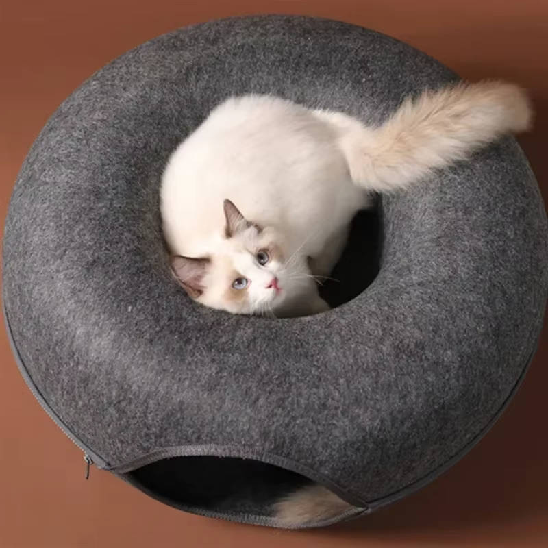 Donut-Katzentunnel aus kratzfestem Filz als Höhle und Bett für Wohn- und Schlafzimmer – per Reißverschluss teilbar, pillingfrei, Dunkel- oder Hellgrau