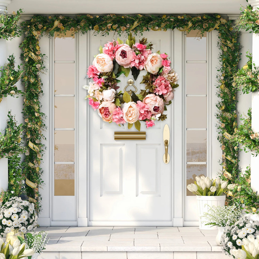 Künstlicher Pfingstrosenkranz mit Rosen und Grün für Haustür, Kaminsims und Wand – rund, 40 cm, UV-beständig, für innen und außen