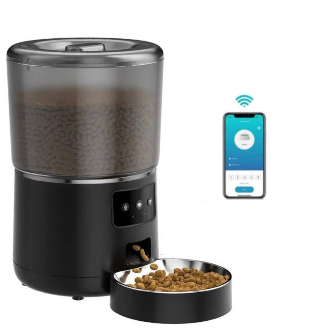 Automatischer Futterautomat für Katzen und Hunde mit App-Steuerung für Trockenfutter – ca. 4 l Vorrat, 1 bis 9 Portionen, Edelstahlnapf