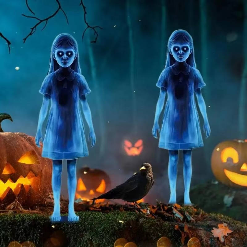 Geister-Mädchen-Gartenstecker als Halloween-Deko für Hof, Garten und Terrasse – 2er-Set, wetterfest, Schattenwirkung, ohne Werkzeug