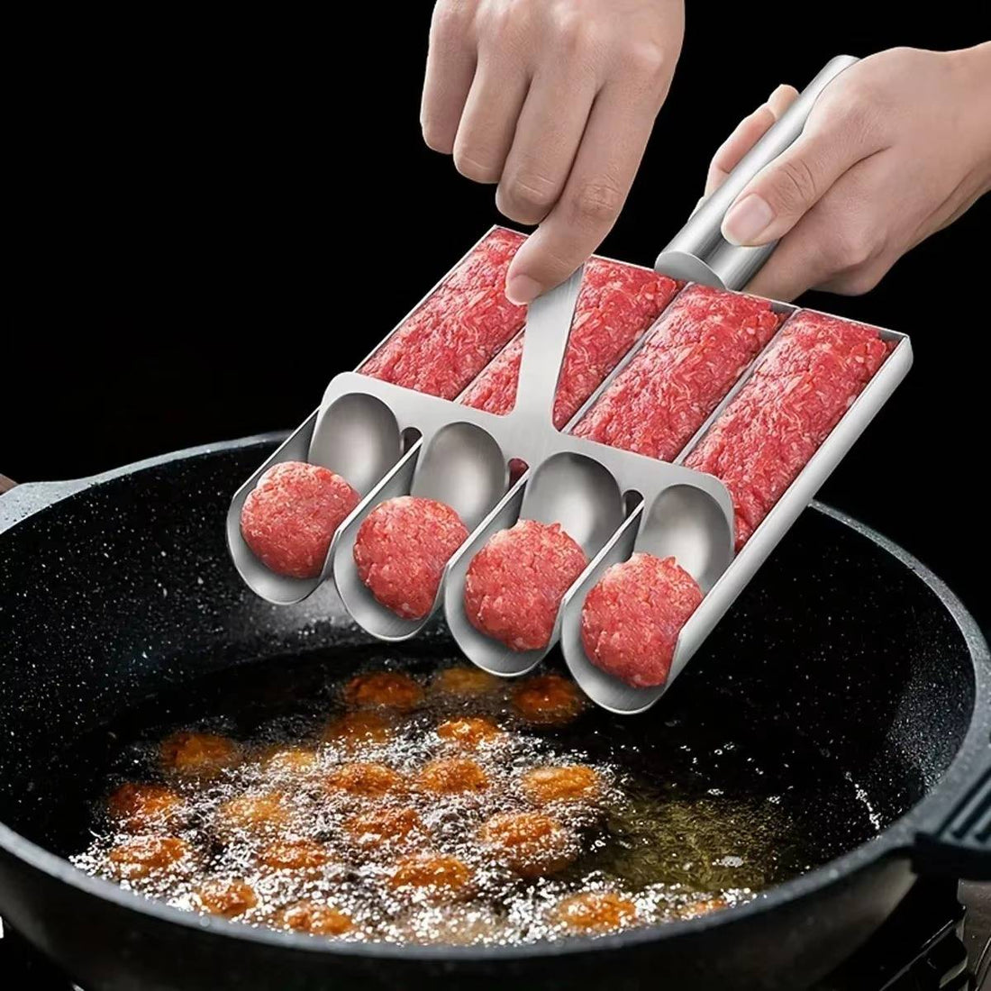 Fleischbällchen-Former mit 4-Rinnen-Schale und Portionierer für gleichmäßige Hack-, Gemüse- und Fischbällchen – 4 Bällchen auf einmal, 24,5 cm