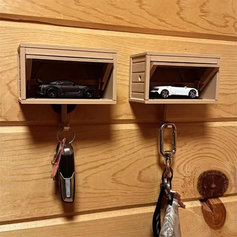 Schlüsselhalter in Garagenform mit automatischem Klapptor für Flur, Eingang und Garage – ABS, ca. 10,8 × 6,2 × 10 cm, Klebemontage, Wanddeko, 5 Farben