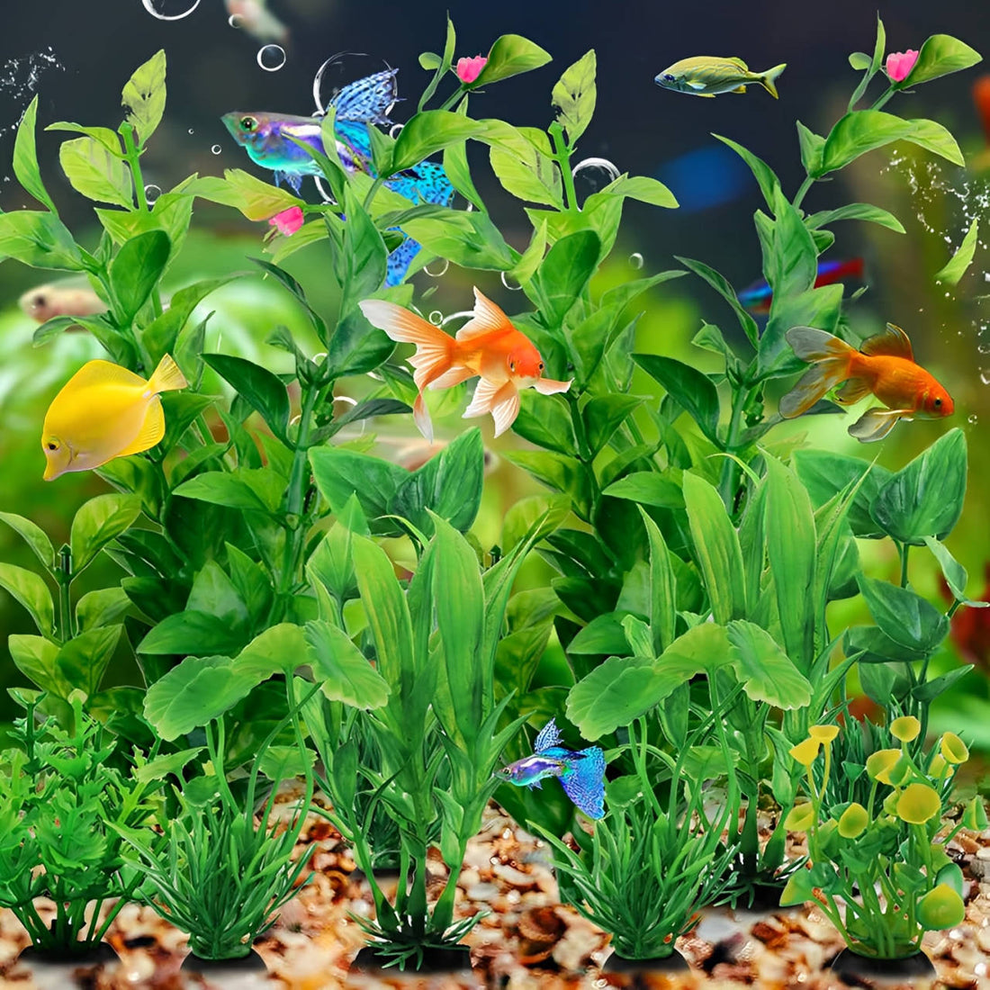 Künstliche Aquarienpflanzen im 10er-Set mit beschwertem Sockel für Süß- und Meerwasseraquarien – ca. 5,5 bis 25,5 cm, Weichkunststoff, Grün