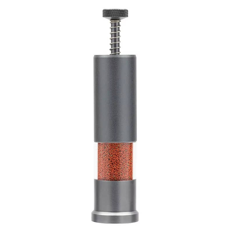Mini-Futterspender aus Aluminium mit Drückmechanismus für kleine Aquarien und Nano-Becken – ca. 2,8 × 12 cm, Sichtfenster, 3 Portionsstufen