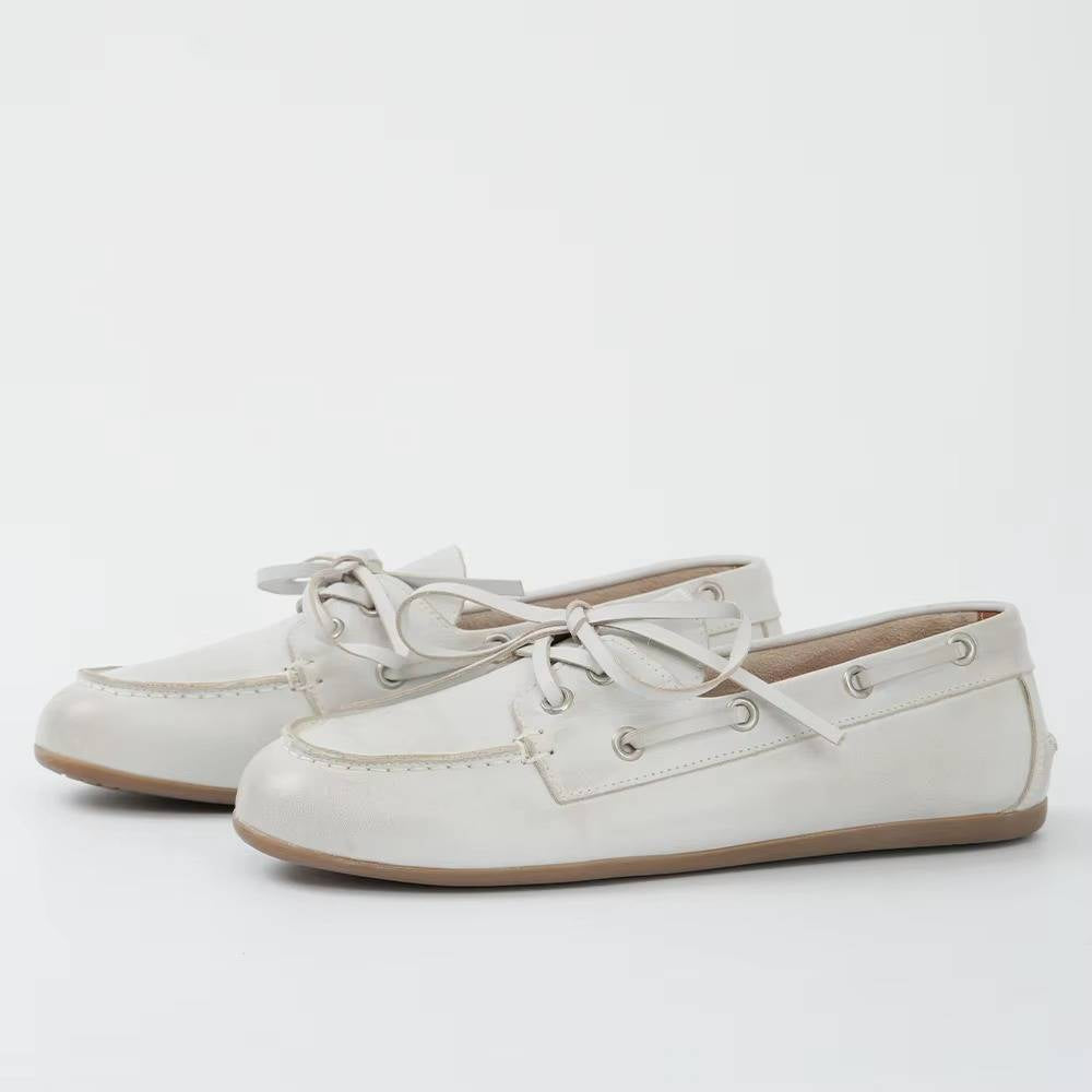 Damen-Mokassins aus echtem Rindleder mit Schnürung und Patchwork-Details für Büro und Freizeit – 1 cm Absatz, TPR-Sohle, Braun, Beige oder Weiß