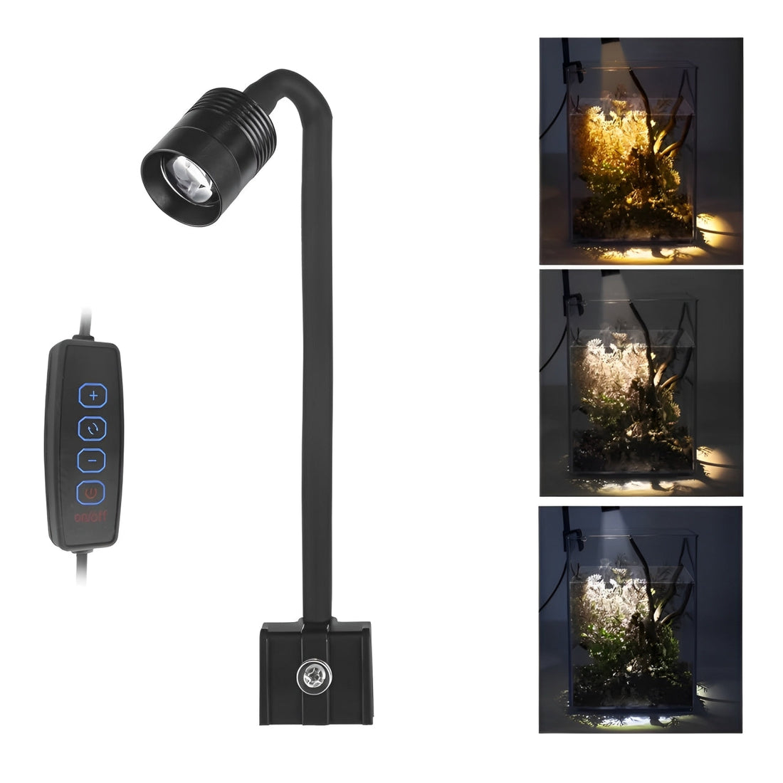 LED-Aquariumleuchte mit Schwanenhals und Randklemme für Aquarien und Aquascaping – 3 Weißtöne, stufenlos dimmbar, 360° drehbar, mit oder ohne Fokus