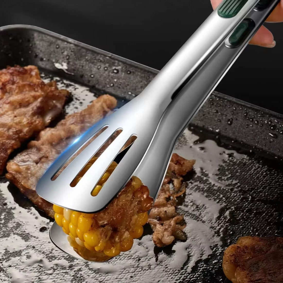 Grill- und Küchenzange aus Edelstahl mit breiten, geschlitzten Wenderenden für Grillen, Braten und Servieren – 17,5, 23,5 oder 28,5 cm, Federmechanik
