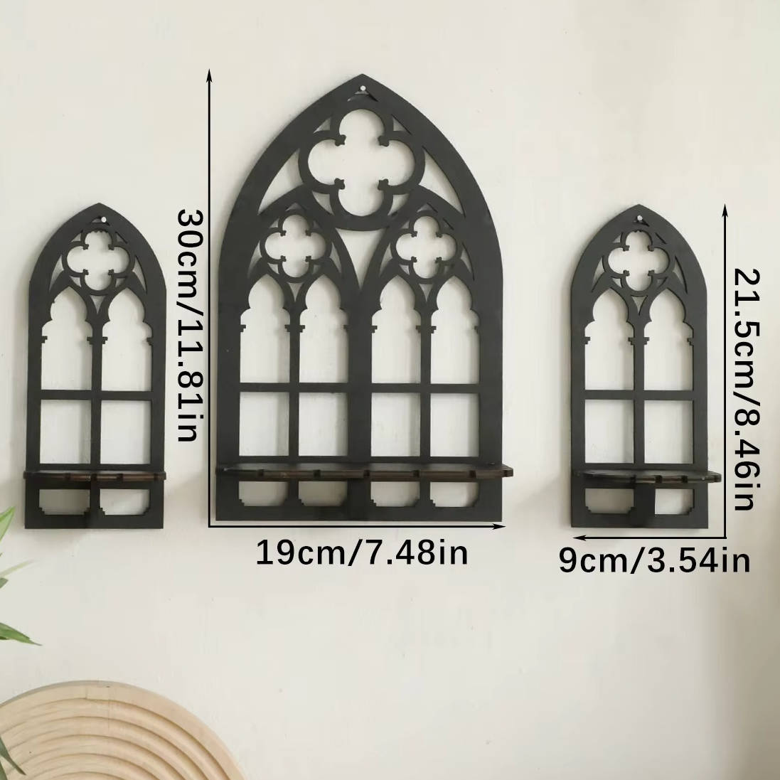 Gothic-Wandkerzenhalter im Kirchenfenster-Design im 3er-Set für Wohnzimmer, Schlafzimmer und Flur – Wandregale mit Ablage, 1 groß und 2 klein, Schwarz