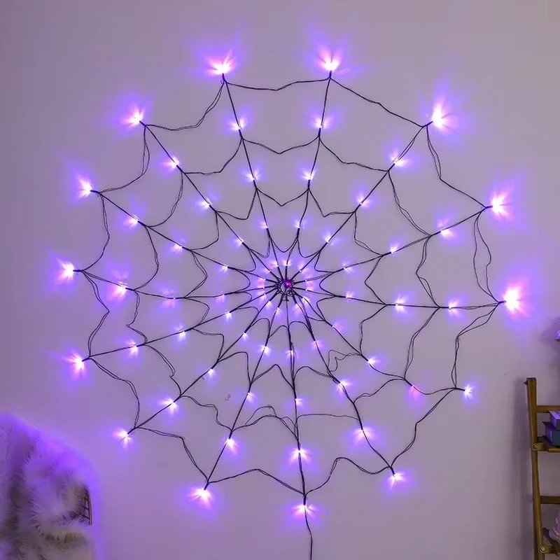 Spinnennetz-Lichterkette mit LEDs für Halloween-Deko an Fenster, Tür und Veranda – ca. 120 cm, 80 LEDs, 8 Modi, Fernbedienung, USB oder Batterie