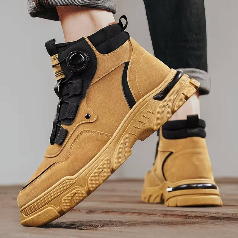 Robuste Herren-Arbeitsstiefel mit Drehverschluss für Baustelle, Werkstatt, Garten und Outdoor – strapazierfähige Stiefel, Gelb, Schwarz oder Khaki