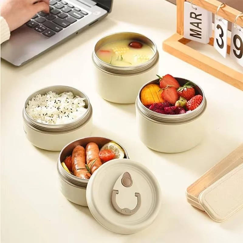 Isolierte Edelstahl-Lunchbox als Komplettset für Büro, Schule und unterwegs – wärmeisoliert, mehrteilig, in Blau, Beige und Khaki