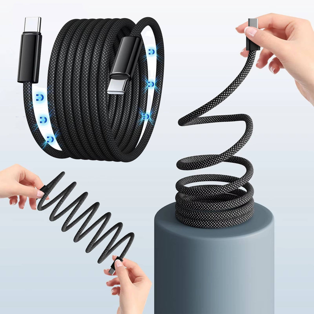 Magnetisches Ladekabel mit Selbstaufrollung für Smartphone und Tablet – 1 m, geflochten, 480 Mbit/s, USB-C oder Lightning, 4 Anschlussarten
