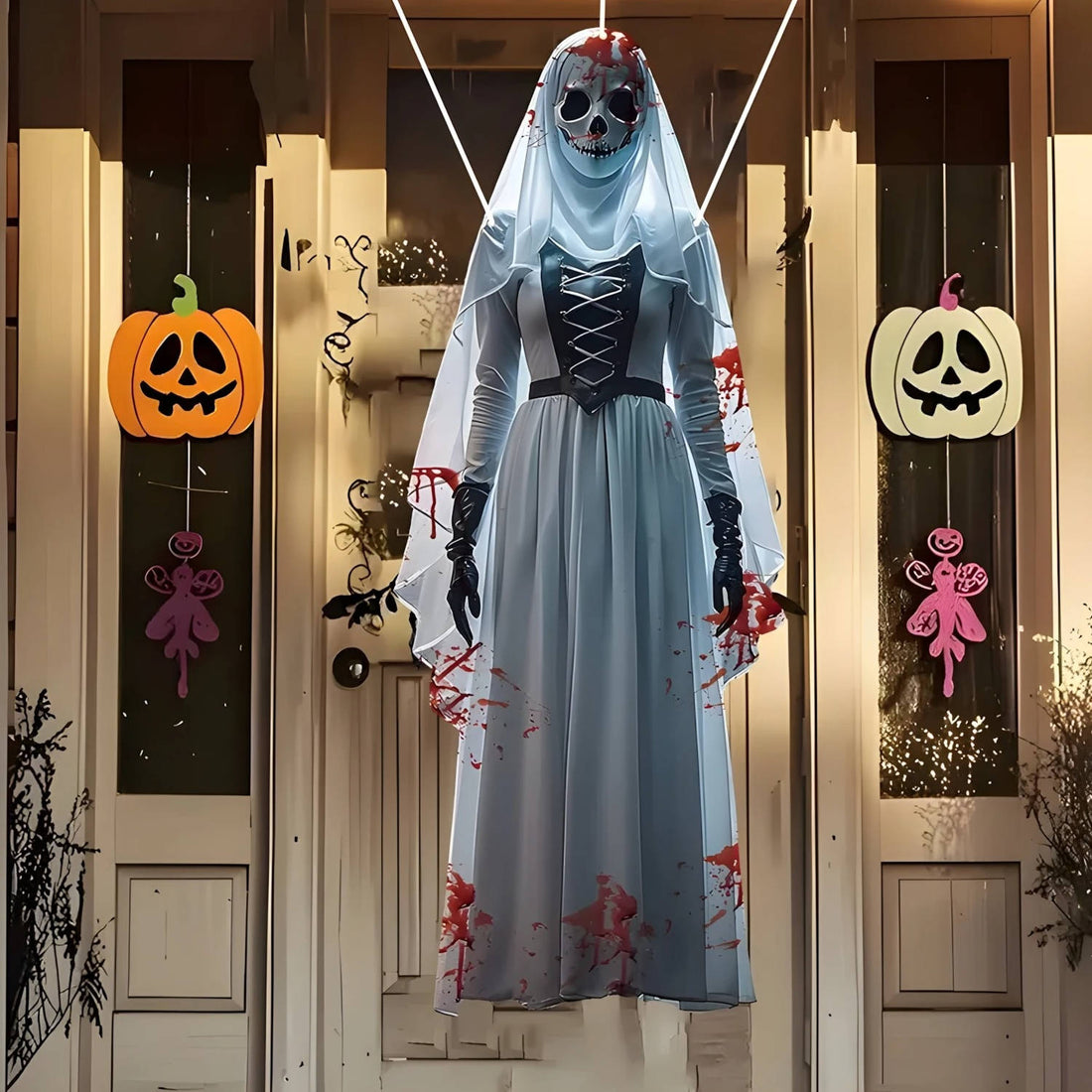 Hängende Halloween-Deko Geisterbraut mit Totenkopf für Garten, Veranda und Tür – ca. 100 cm, flach bedruckt, wetterfest, Weiß oder Schwarz