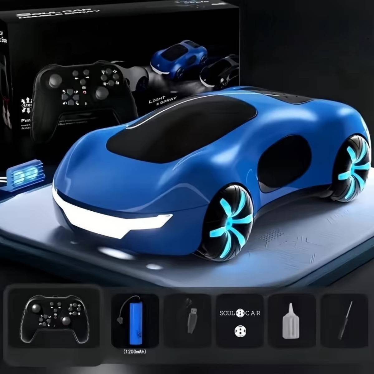 Ferngesteuertes RC-Sportauto mit Sprühnebel-Effekt und LED-Licht für Kinder, drinnen und draußen – Gamepad-Fernsteuerung, Akku, 3 Farben