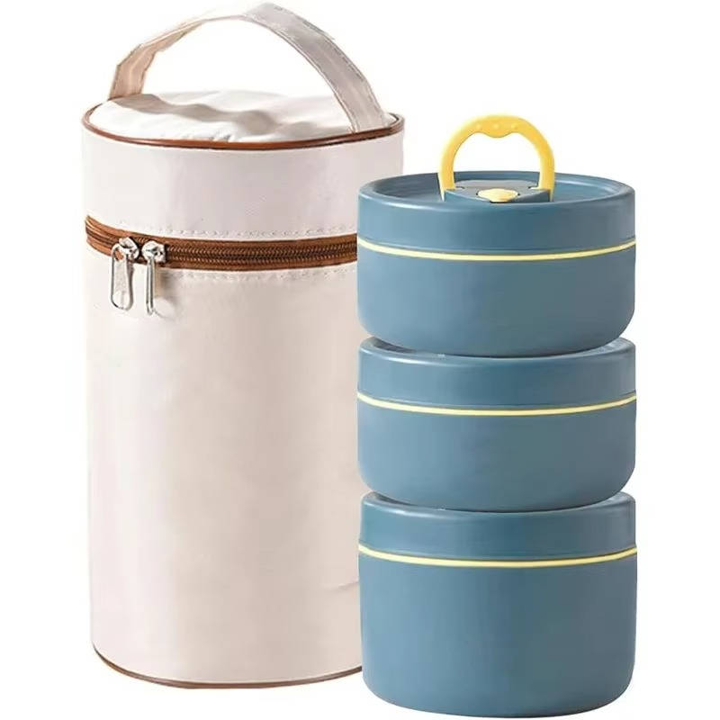 Isolierte Edelstahl-Lunchbox als Komplettset für Büro, Schule und unterwegs – wärmeisoliert, mehrteilig, in Blau, Beige und Khaki